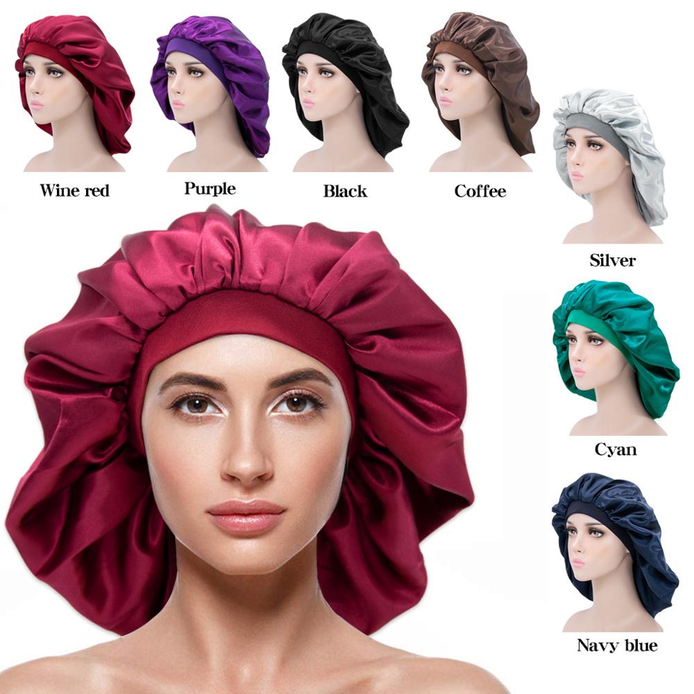 Doppel Schichten Frauen Satin Bonnet Stretch Breite-Krempe Seidige Schlummertrunk Größere Größe Dusche Kappe TB-189/190
