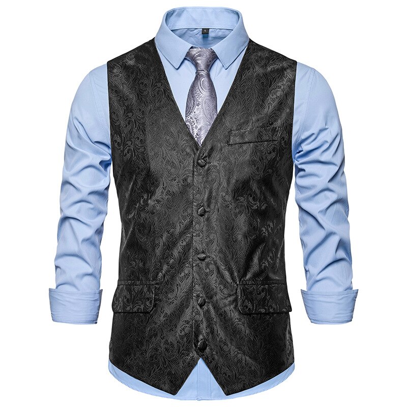 Jacquard kukkaprintti musta miesten liivi hääjuhla tanssiaiset miesten puku liivit rento slim fit miesten mekko liivi miesten liivi liivi: Musta / Aasialainen xl