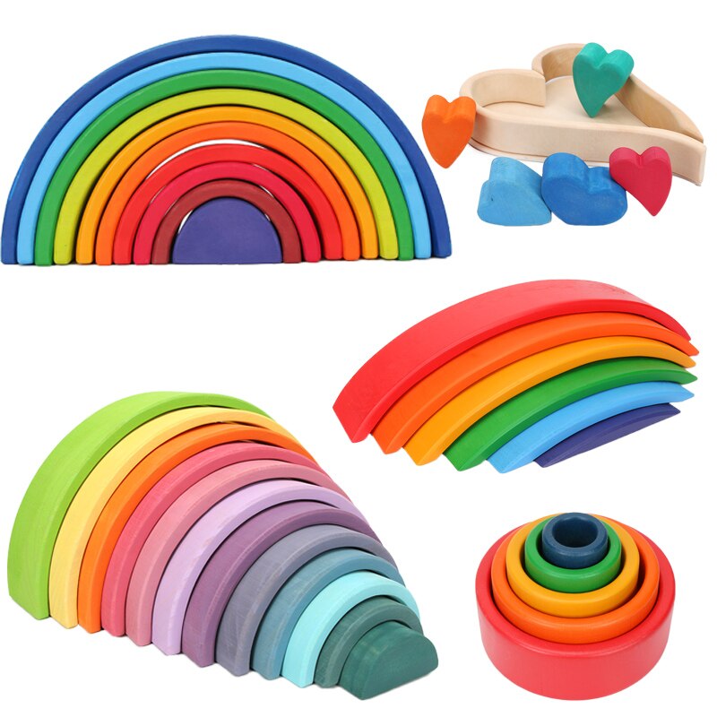 12pcs Big Size 35.5cm Baby Toys Wooden Rainbow Stacker Nesting Puzzle Blocks Montessori Educational Toys for Kids Baby Toys