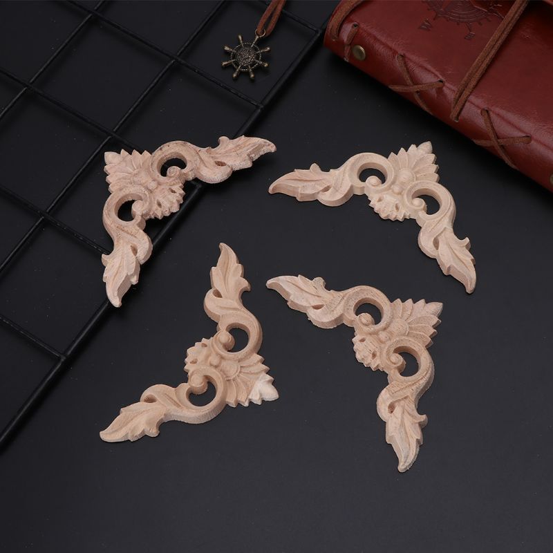 4 Stks/set Hout Gesneden Hoek Bloem Onlay Applique Unpainted Frame Kast Kast Decal Voor Meubelen Decor 8X8cm 090C