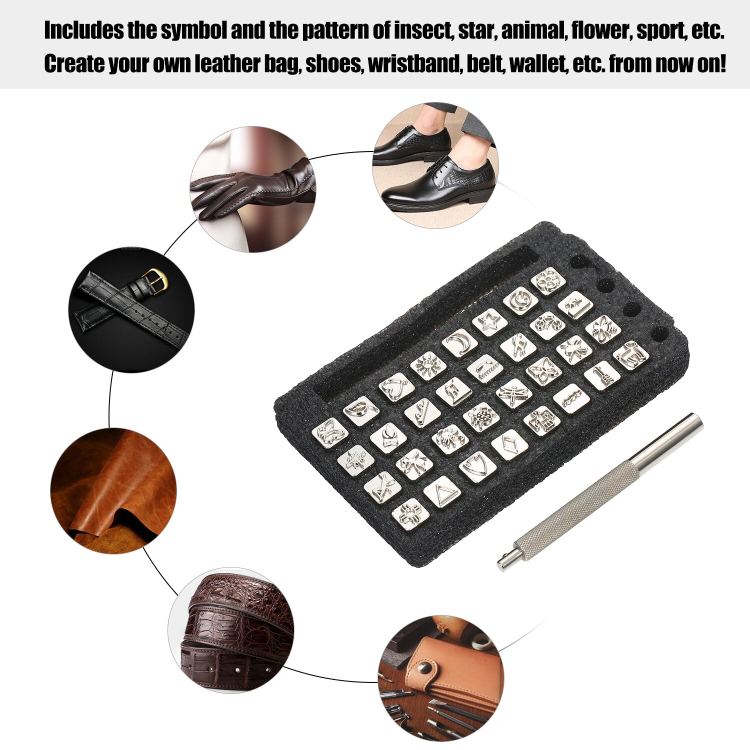32Pcs Leather Stamp Set Indian Lore Leathercraft Stamping Tools Set 1cm Wide Leather Stamping Kit with Handle for Leatherwork