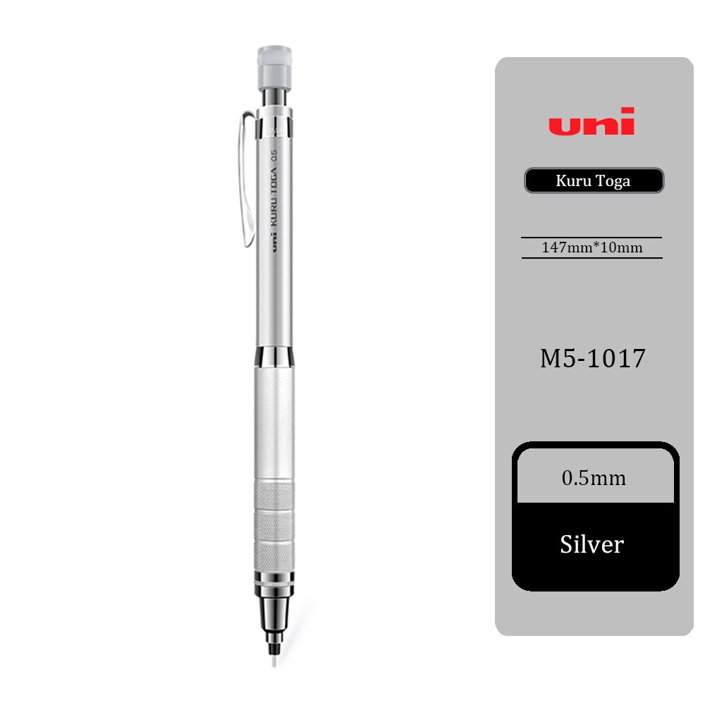 UNI Mechanical Pencil 0.5mm Metal Handshake Kuru Toga Automatic Rotation M5-1017 Sketch Hand Drawing 2B/HB: silver