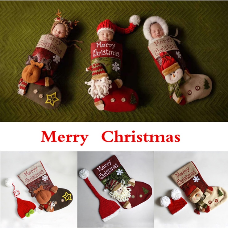 Newborn Baby Infant Christmas Big Socks Photography Props Boy Girl Outfits Hat and Overalls Set Bebe Photo Clothes Jumsuit