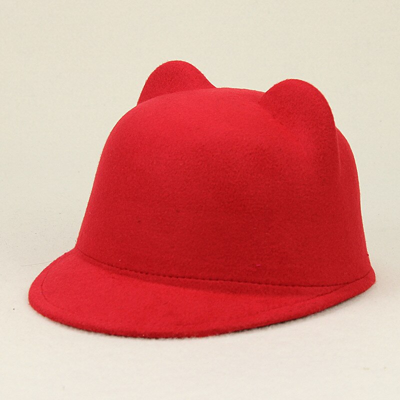 QBHAT Faux Wool Fedora Hats with Cute Cat Ears Solid Plain Casquette Hat Casual Equestrian Parent-child Cap for Women Kids: Red / 55to57cm
