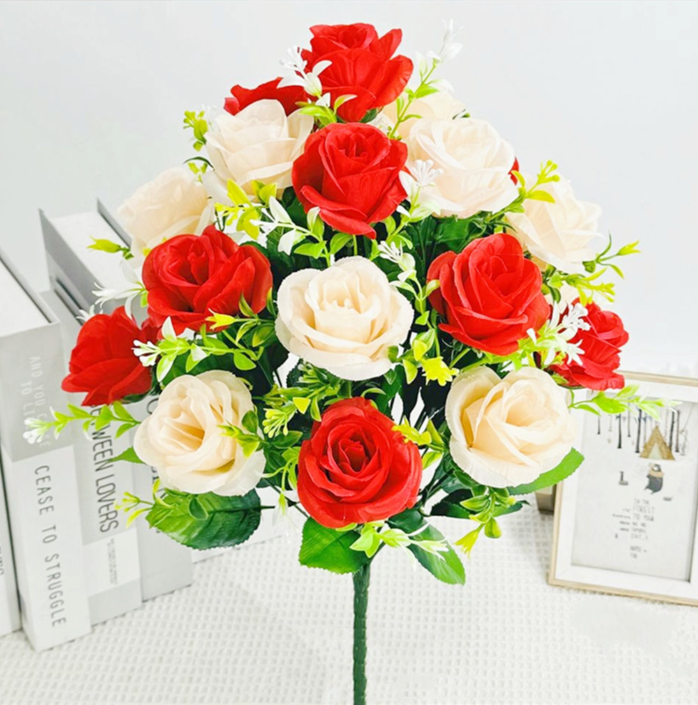 18 Heads Artificial Flowers Silk Rose Festival Home Table Decor Wedding Bridal Bouquet Outdoor Yard Garden Diy Artificial Flower