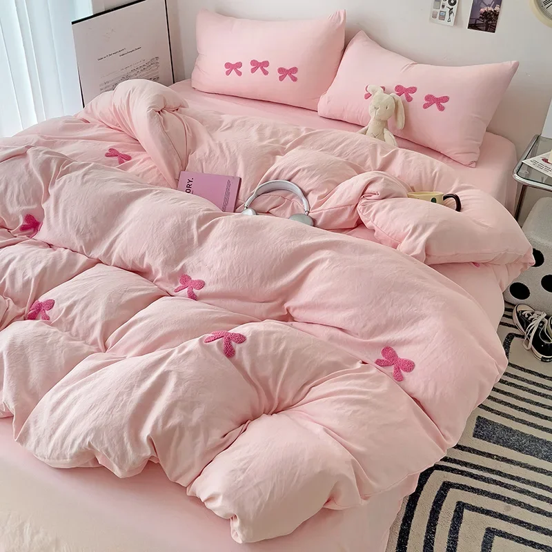 Lindo juego de funda nórdica con lazos rosas, juegos de cama con bordado 3D, juego de cama rosa, cómodas fundas de edredón Queen suaves para niñas, niños y adolescentes