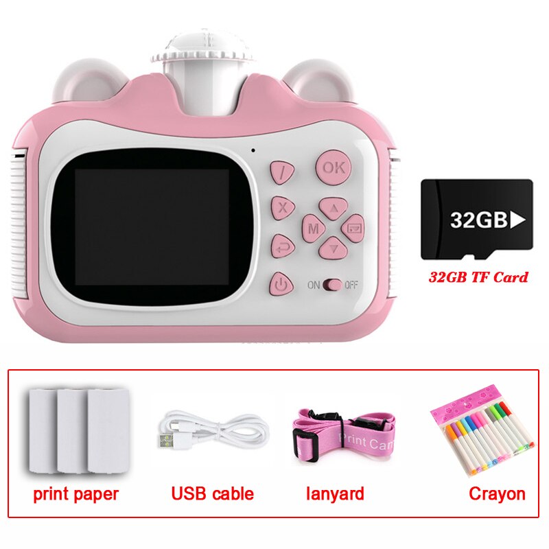 Videocamera per bambini stampa termica istantanea videocamera digitale 1080P HD con fotocamera portatile da 8G o 32G per bambini: Type2-32G Pink