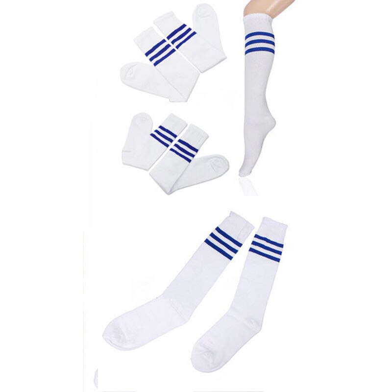 Chaussettes hautes au dessus du genou pour filles et femmes, longues et rayées, Sexy, pom-pom girl,: Blue White