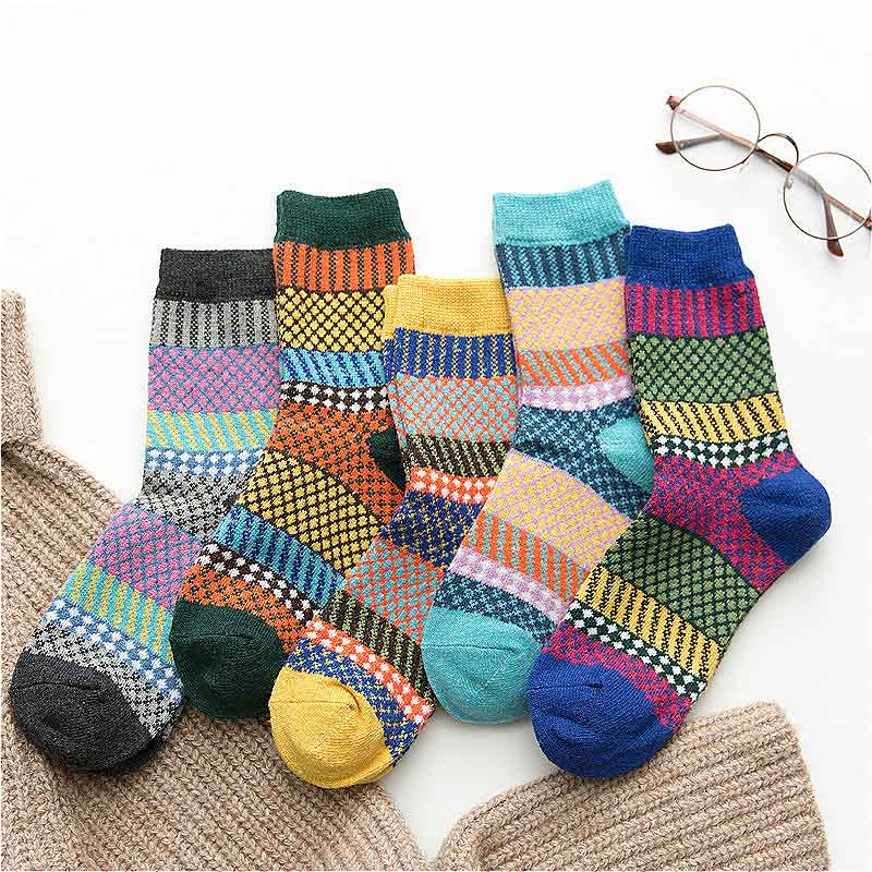Dames Wollen Katoenen Sokken - 5 Paar - Dikke Winter Casual Ruitjes - 25cm Lengte: Default Title