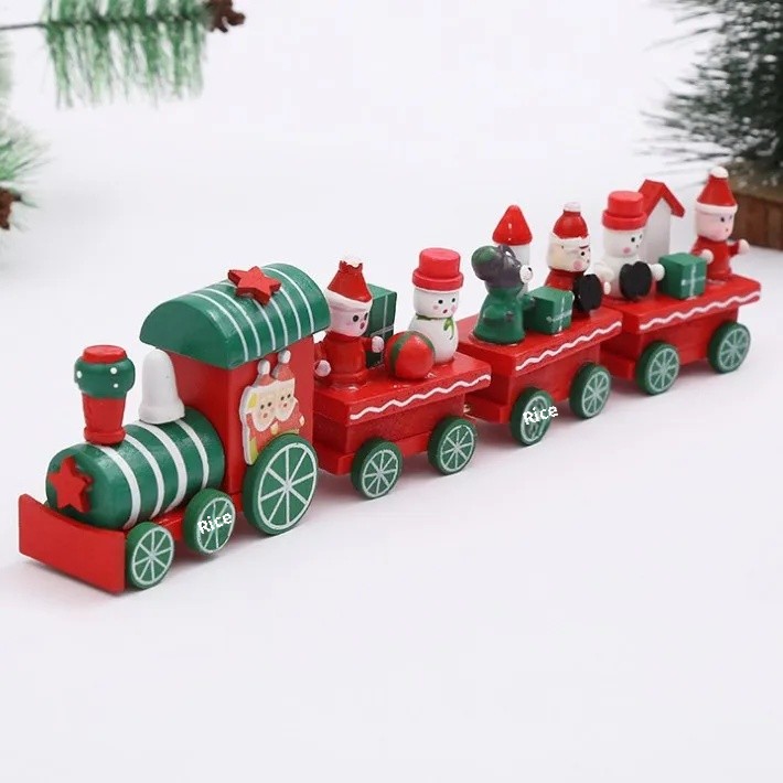 Wooden Christmas Decorations Four Section Train Display Window Tabletop Decoration Children's Cake Decoration Home Use: MAROON