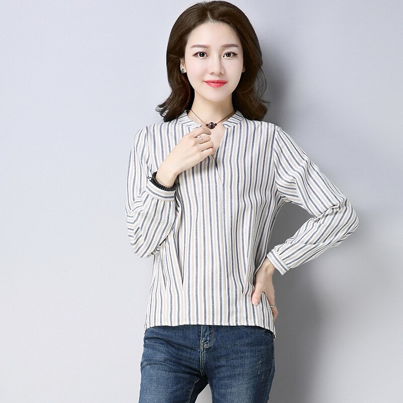Nueva camisa de manga larga a rayas para oficina para mujer, blusa a la con cuello en V, blusas para mujer, ropa de algodón y lino D813 30: Azul marino / XL