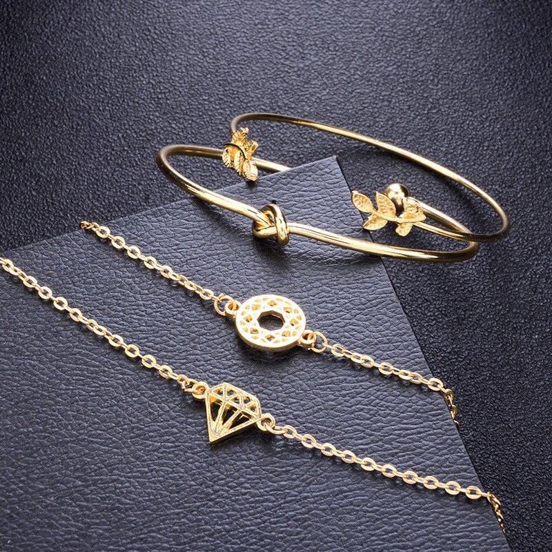 Modyle Bohemian Leaves Knot Round Chain Opening Gold Bracelet Set Women Apparel Jewelry Valentines Day