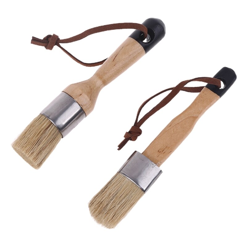 2 Stuks Ronde En Platte Krijt Verf Wax Borstel Ergonomische Houten Handvat Borstel 4XFA: Black