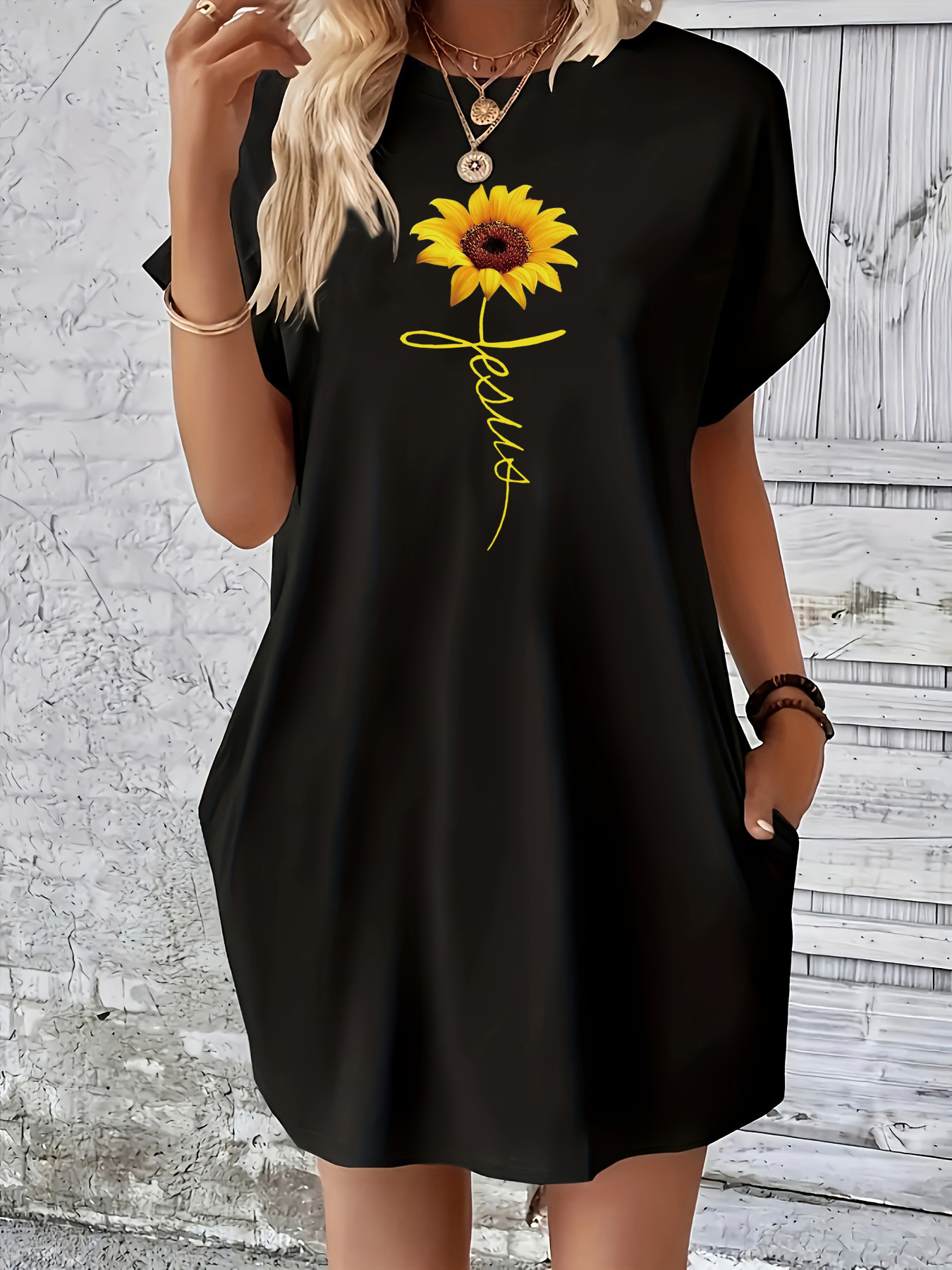 Dames Zomer Losse Cross Zonnebloem Print Ronde Hals Korte Mouw Zak Comfortabele Casual Plus Size Jurk: XXL / Black