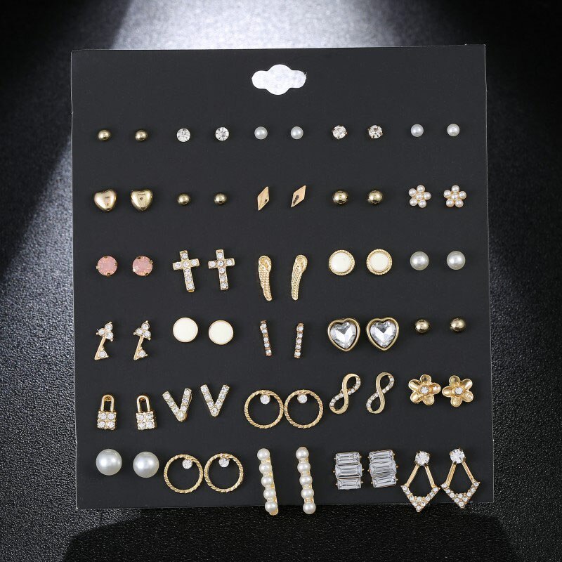 30 Paare/satz Perle Blume Ohrringe Für Frauen Nette Strass Herz sperren-Geschmack Kleine Zucht Ohrringe einstellen Gold Legierung Ohrring