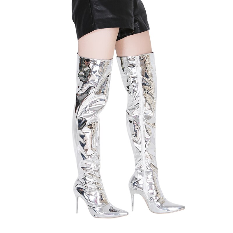 Botas altas hasta el muslo con espejo plateado para mujer, zapatos de con punta puntiaguda, tacones altos finos por encima de la rodilla, sexys: Plata / 9