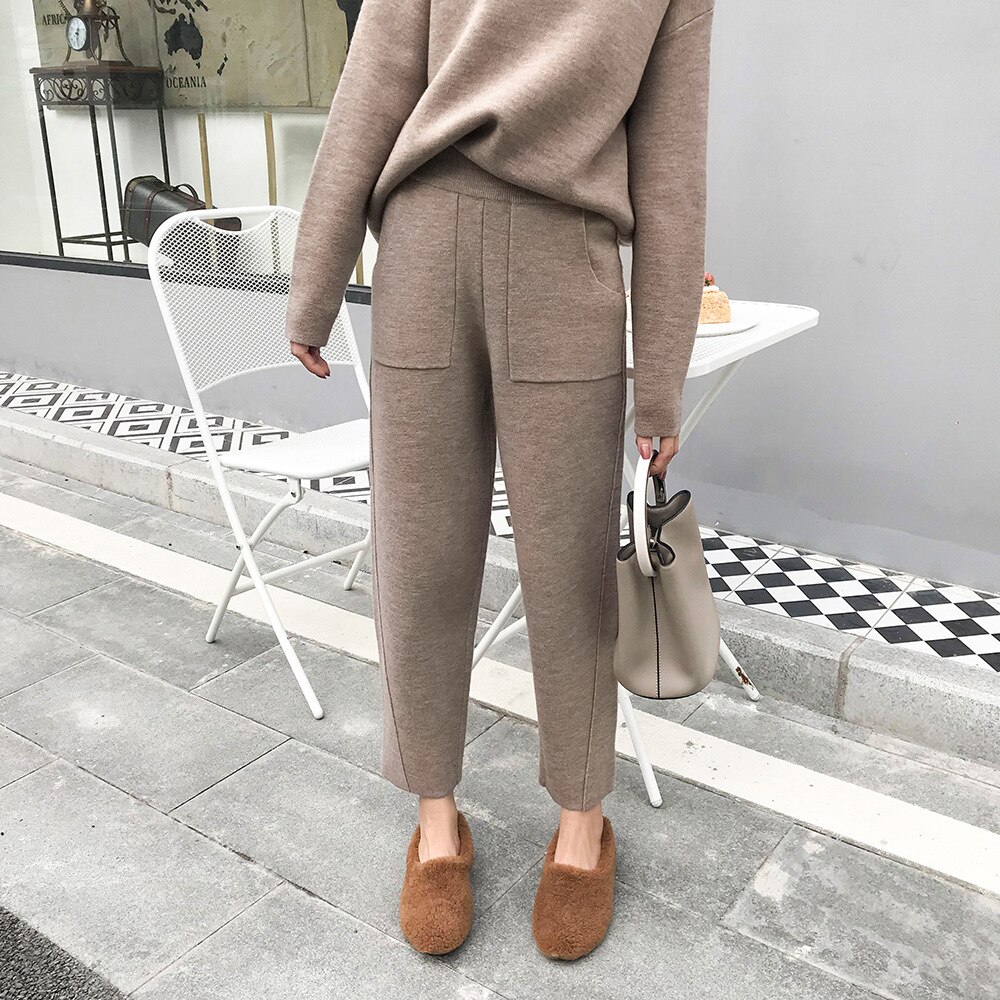 Women's Winter Warm Cool Sport Suit Loose Wide Leg Pants Sweater Two Piece Suit Solid Long Sleeve Sportwear