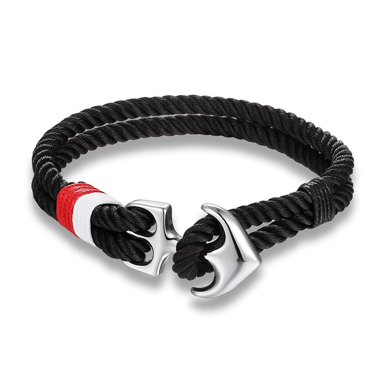 YIZIZAI Hoop Anker Armband Rvs Marineblauw Mannen Vrouwen Nautische Survival Touw Ketting Armband Zomer Stijl: Black