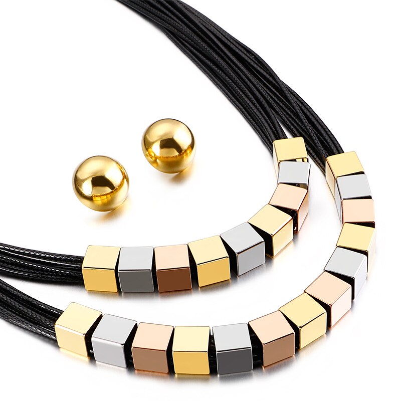 KALEN Leather Rope Choker Jewellery Multiple Color Stainless Steel Necklace Earrings Sets For Women Dubai Femme Jewelry Sets: KS131163-LX