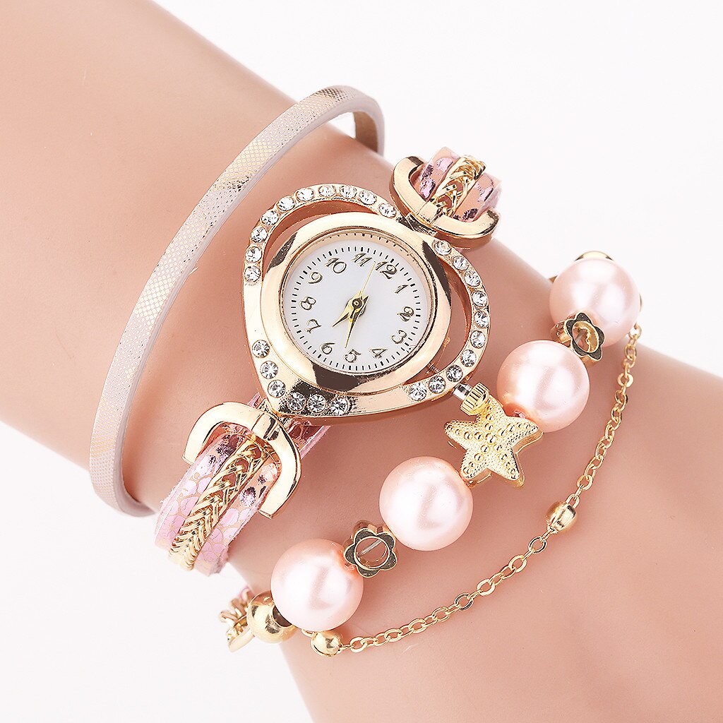 Women Vintage Bracelet Watches Shining Pearl Bracelet Dial Analog Quartz Wrist Watch Clock Ladies Watches