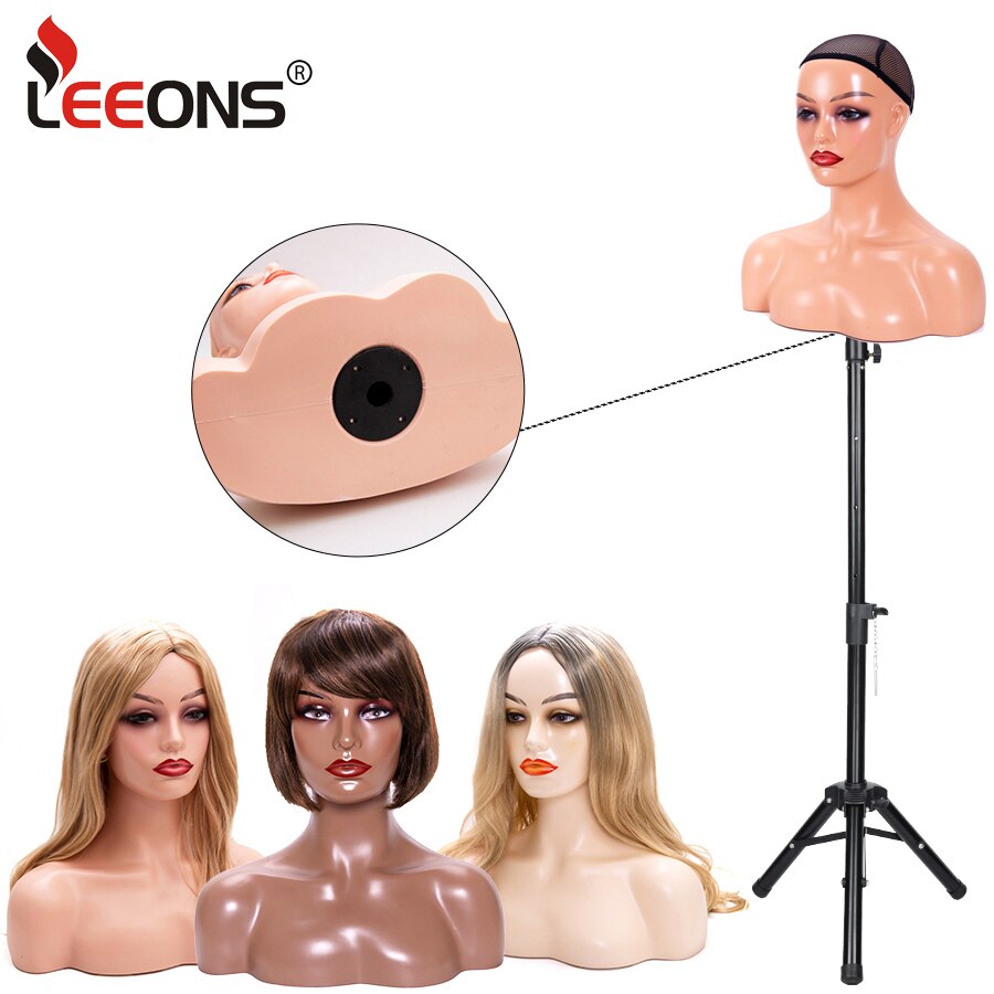 Leeons Mode Mannequin Hoofd Met Schouder Realistische Pruik Mannequin Hoofd Model Mooie Vrouwelijke Mannequin Hoofd Donkerbruin Beige