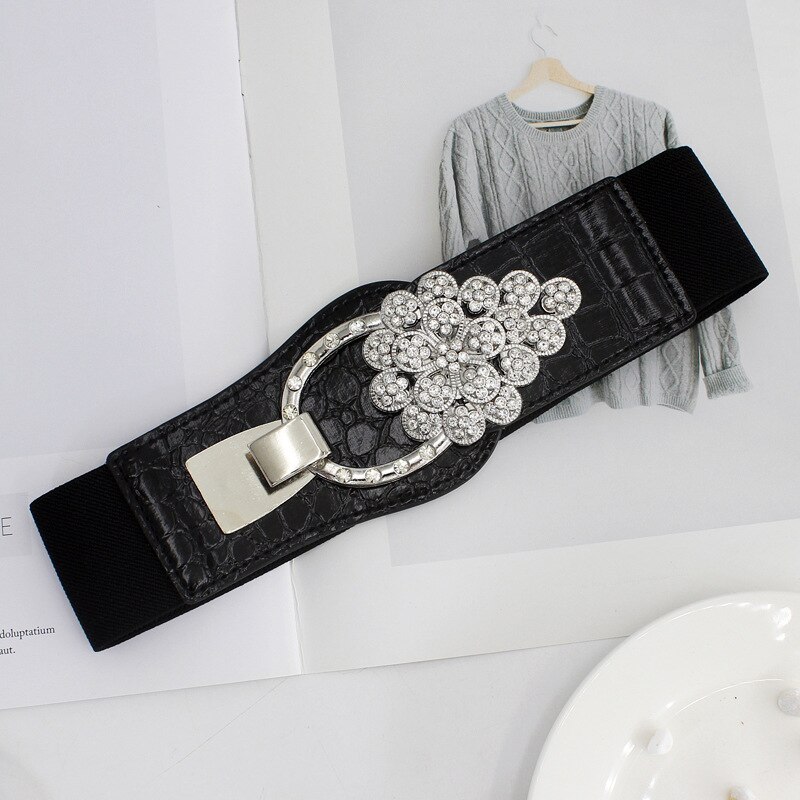 Ceintures pour femmes noires, taille élastique Simple pour dames, boucle de ceinture en métal avec décoration en diamant, pull robe à la ,: B