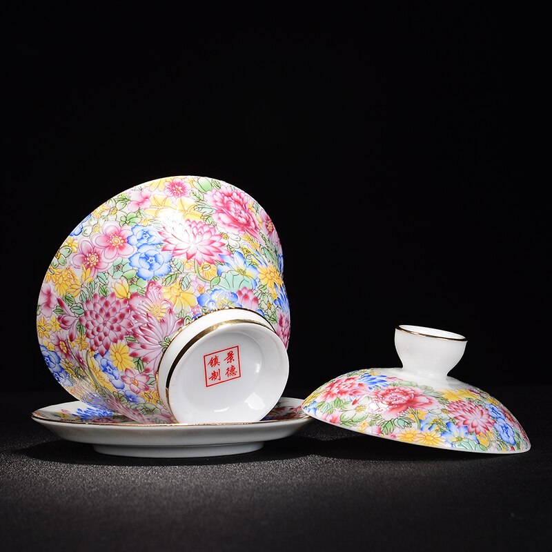 Gaiwan Teacup Jingdezhen Ceramic Tea Set Stewed Flower Sancai Cup Hand-painted Pastel Wanhua Tea Bowl Gaiwan kung fu tea set