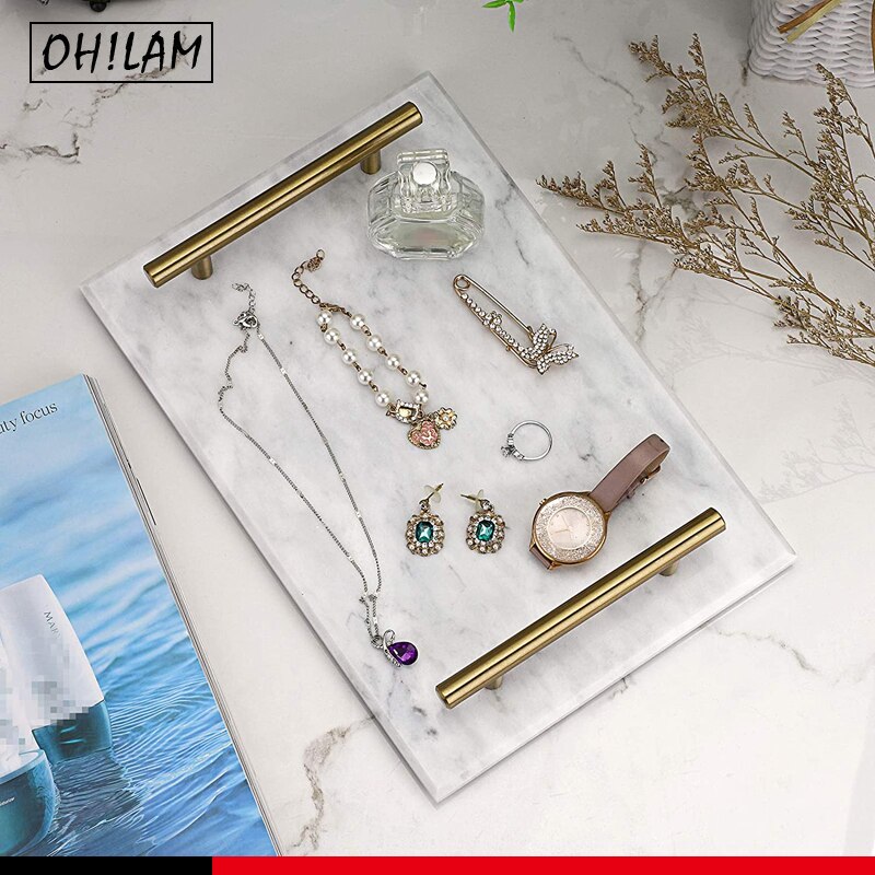 Decorative Tray Natural Rectangular Marble Tray Gold Metal Handles Handmade Bathroom Vanity Perfume Tray Trinket Tray Dresser