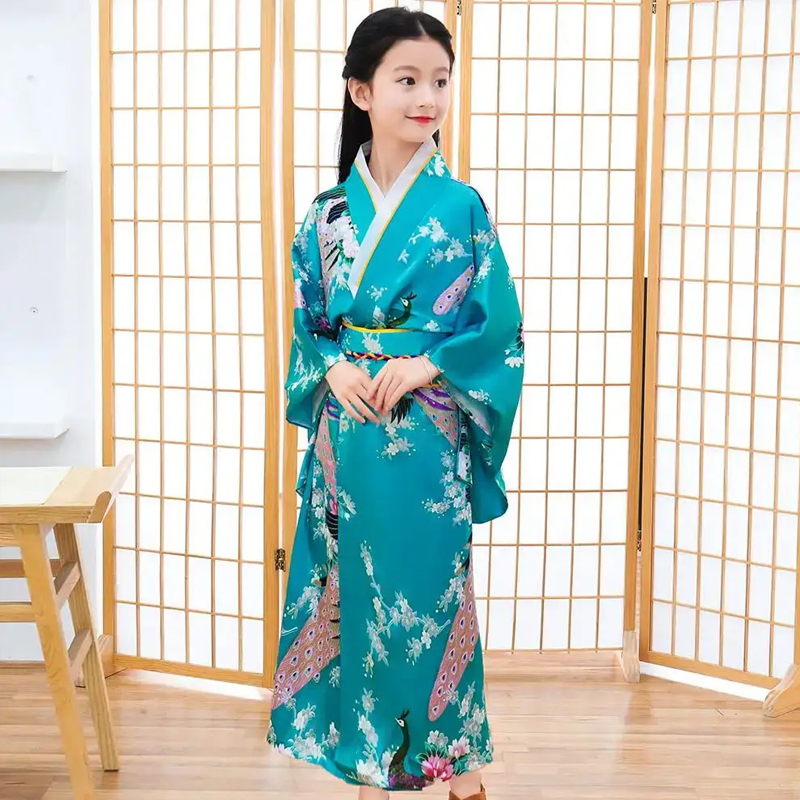 Mädchen Kind Japan Kimono Kleid Traditioneller Haori Yukata Bademantel Satin Luxus Orientalischer Bademantel mit Obi Kinder Cosplay Kleid