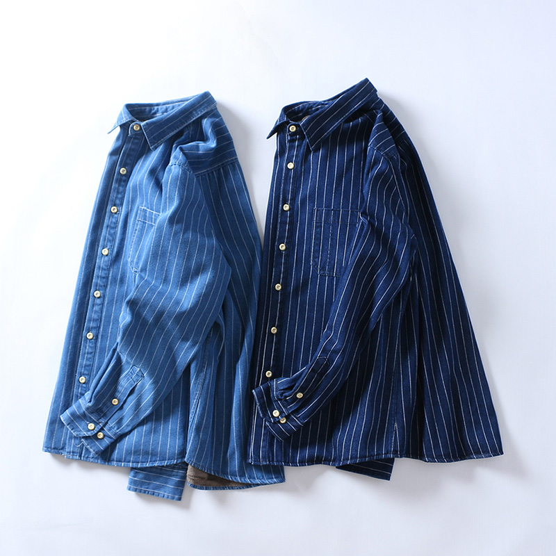 Brand Winter Denim Striped Shirt 100% Cotton Long Sleeves Casual Simple Comfortable Warm Bottoming Shirt