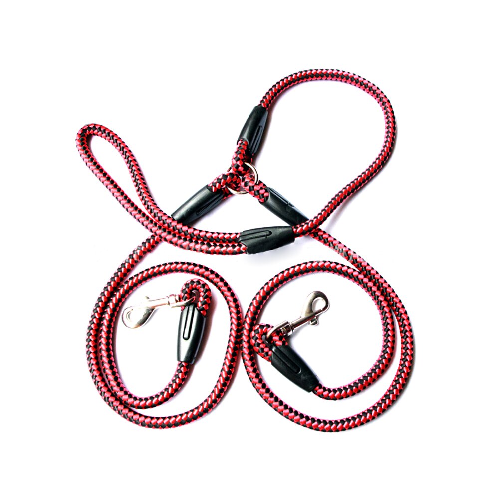 Reflecterende trekkoord voor huisdieren, één tot twee hondenriemen, nylon riem met dubbele kop, wandelriem voor grote en kleine katten: Rood