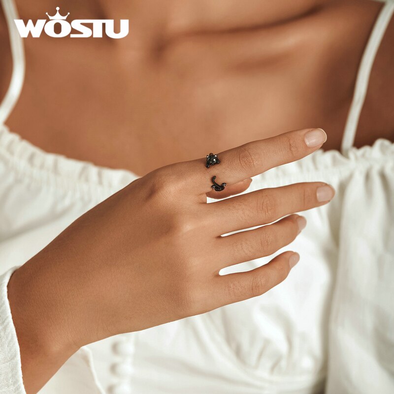 Wostu Verstelbare Authentieke 925 Sterling Silver Zwarte Kat Engagement Open Ringen Voor Vrouwen Vrouwelijke Originele Sieraden CTR217