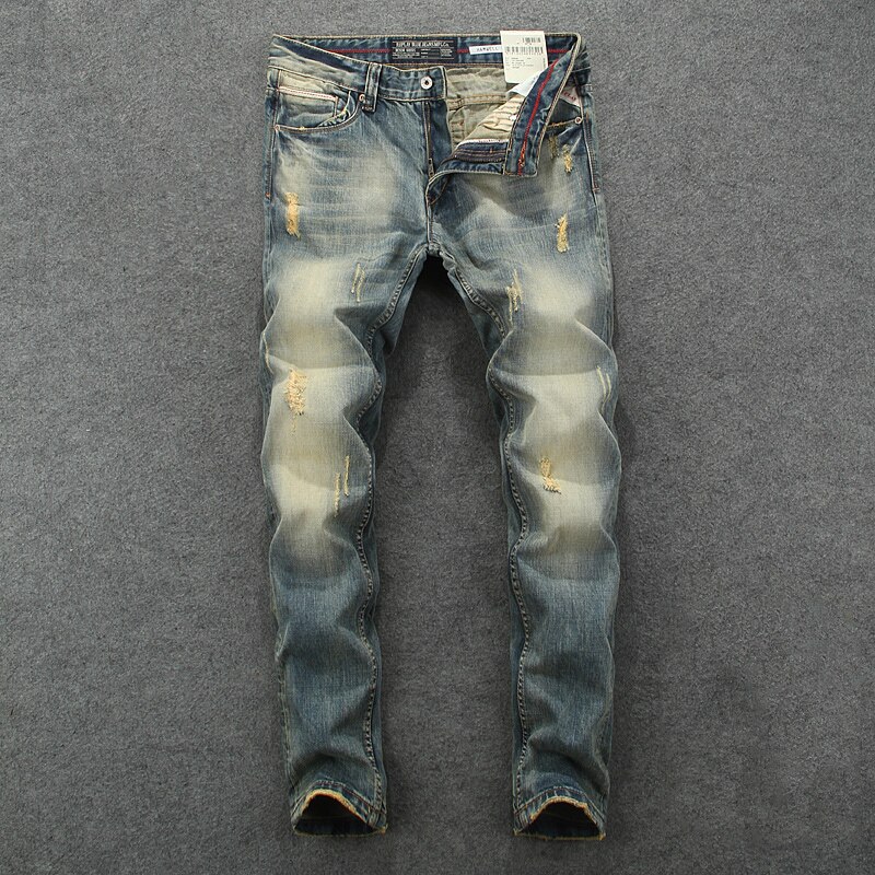 De estilo italiano, de los hombres de la Jeans amarillo Retro azul Slim vaqueros rasgados para hombres cuero Vintage Denim de algodón Pantalones: 38(Chinese Size)