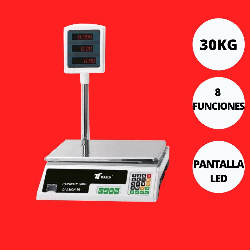 Thulos Balanza Digital Comercial Electrónica, Pantalla LED, 8 Funciones, Bascula TH-BD30, Capacidad de 30KG Batería Recargable