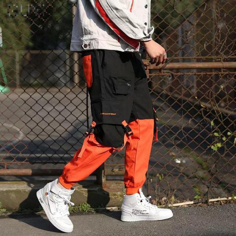 Patchwork afslappet cargo bukser sweatpants bukser mænd arbejder lang sved mandlige løse lommer bukser hip hop parkour: Orange / Xl