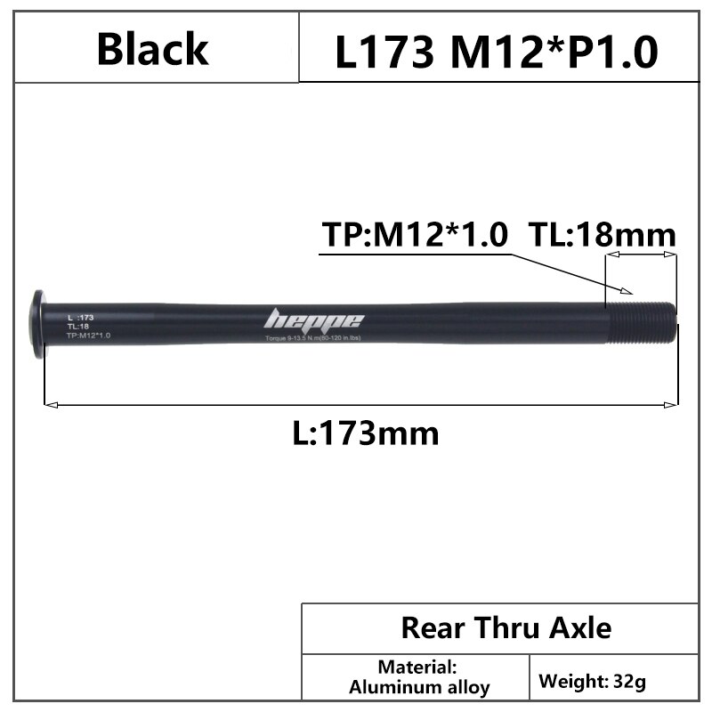 HEPPE – axe de moyeu arrière multicolore pour vtt et vélo de route, brochettes 12x142/12x148, 173mm M12xP1.0, dégagement rapide: Black Color