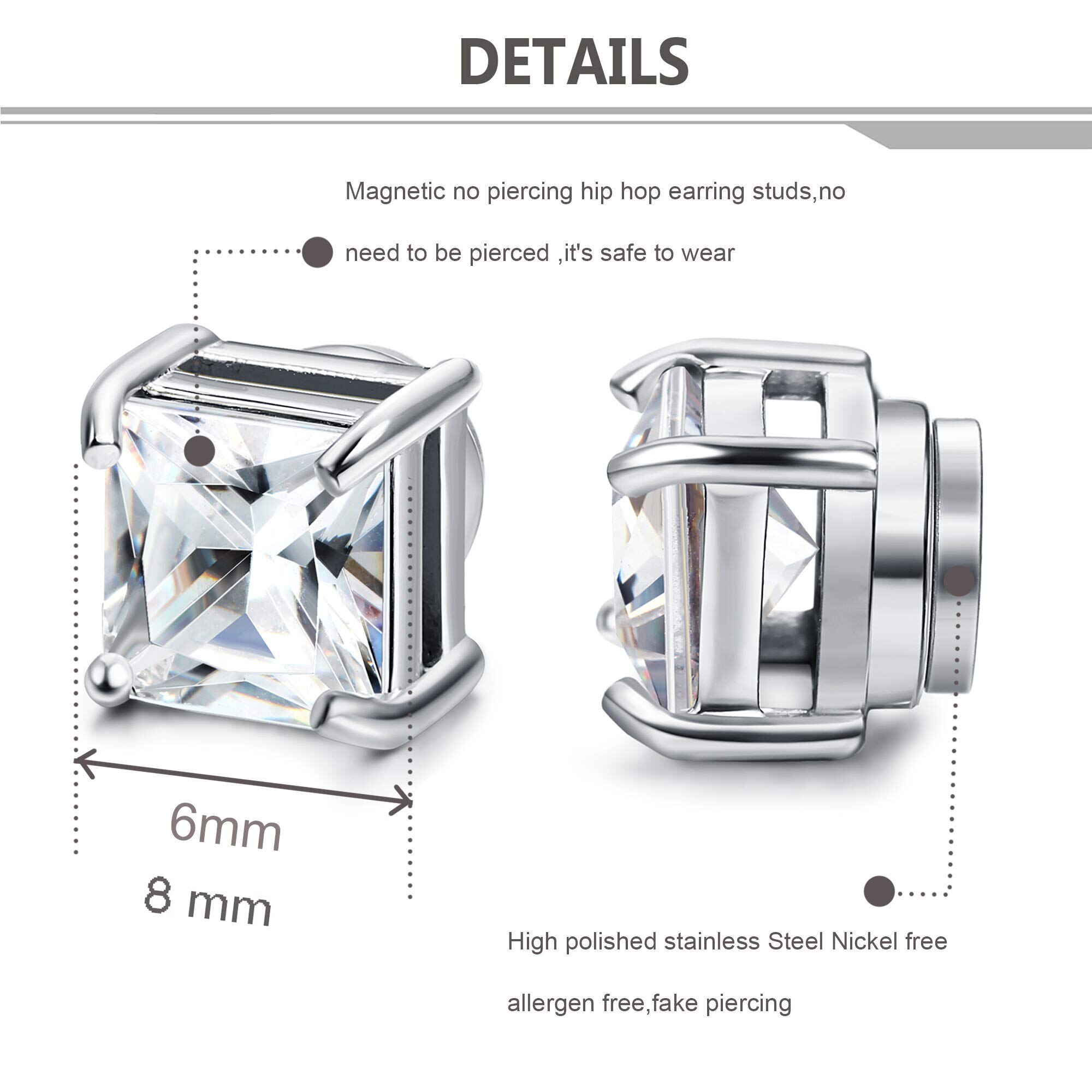 6 pairs magnetic stud earring for men women round square cz magnet non pierced clip on earrings set 6mm 8mm