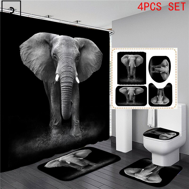 Animal Print Black Shower Curtains Lion Tiger 3D Bathroom Curtain Set Anti-slip Bath Mat Soft Toilet Lid Cover Home Rugs Carpets: 4PCS SET1-A