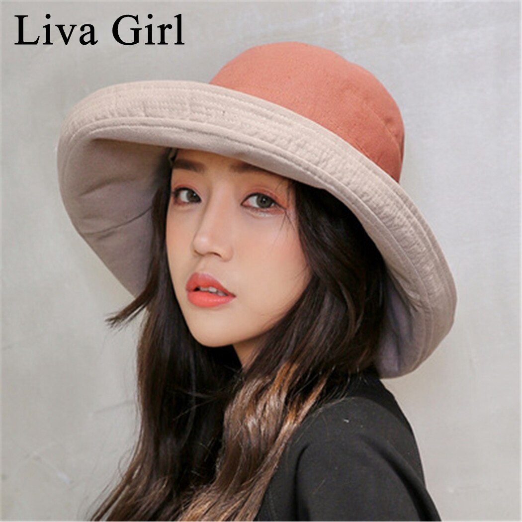 Liva Girl Brand Foldable Summer Beach Sun Hat Big Brim Hats Women Sun Hats Korean Cotton Outdoor UV Protection Sun Hats