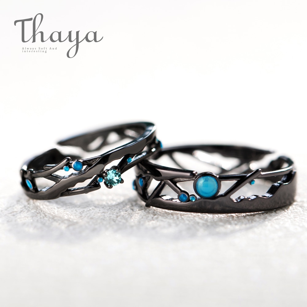 Thaya Cz Melkweg Zwarte Ringen Blauw Heldere Zirconia Ringen 925 Zilveren Sieraden Voor Vrouwen Lover Vintage Bohemian Retro