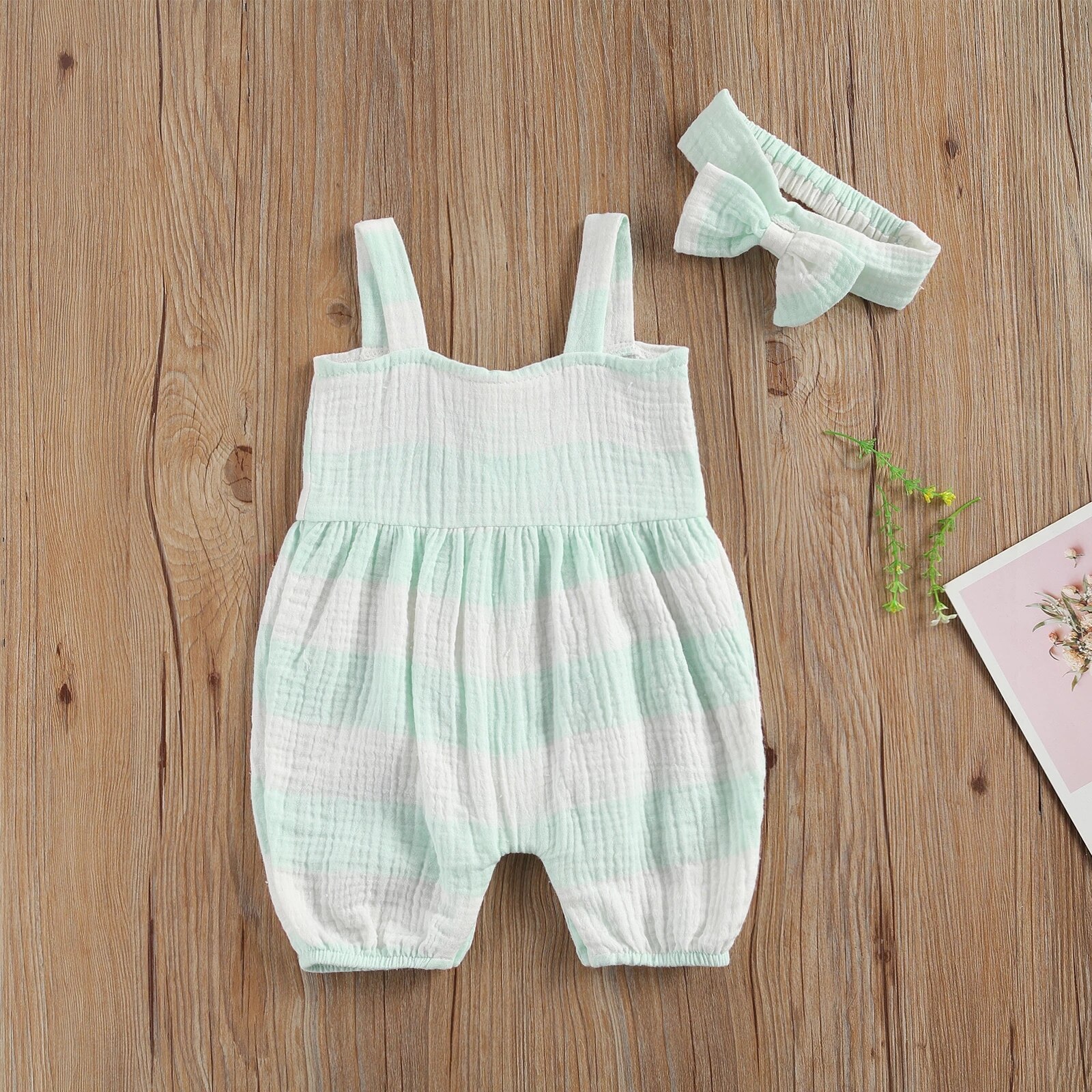 Sommer Schöne Baby Mädchen Jungen Strampler Striped Print Ärmel Taste Overalls Stirnband 0-24M 2 Farben