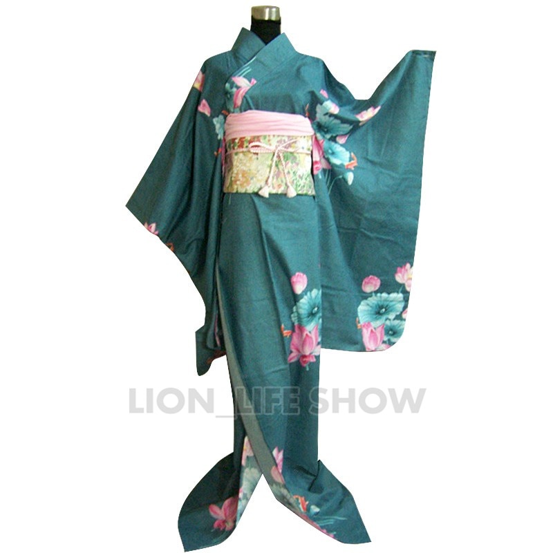Women Japanese Traditional Blue green Furisode Long Kimono Dress Cosplay Costume outfit