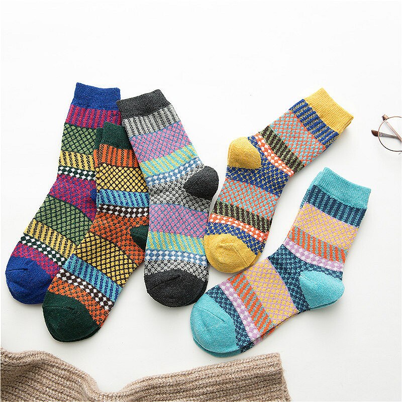 Dames Wollen Katoenen Sokken - 5 Paar - Dikke Winter Casual Ruitjes - 25cm Lengte