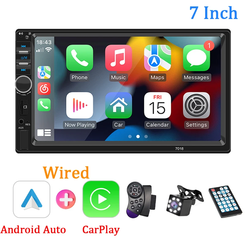 Radio de coche de 7 pulgadas, 1 Din, Carplay, Android, reproductor Multimedia para coche, pantalla táctil HD, Bluetooth MirrorLink, Autoradio Universal, entrada FM AUX