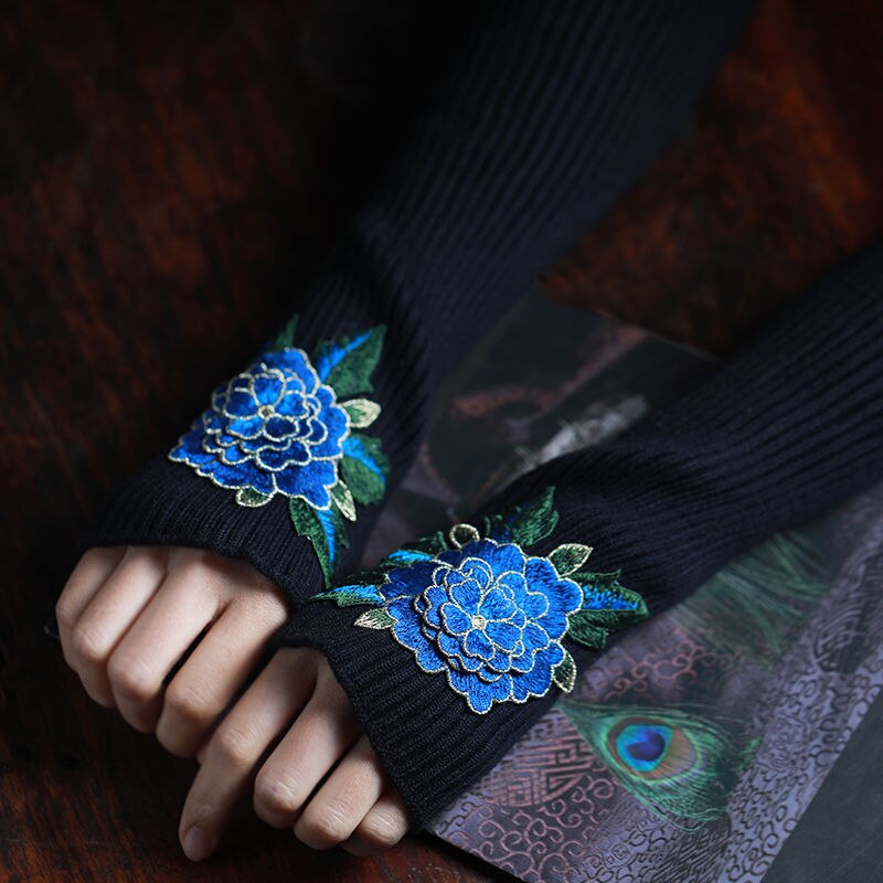 Wonens Embroidery Gloves Punk Womens Long Winter Fingerless Gloves Womens Long Winter Fingerless Gloves: Black Type2