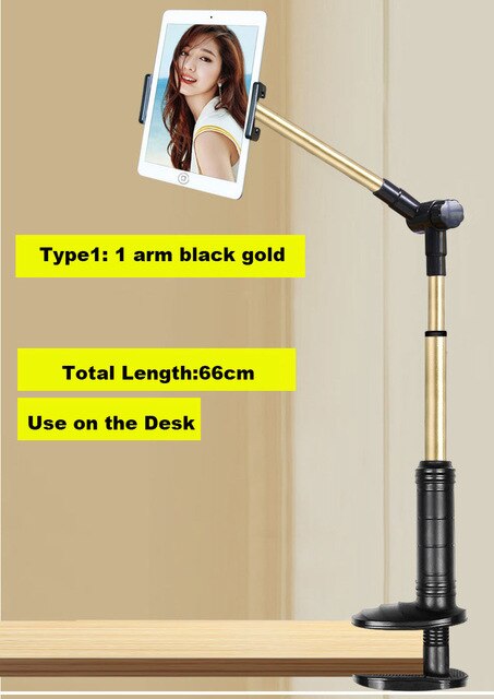 5-13 inch tablet telefoonhouder standaard voor ipad pro 12.9 metalen lange arm opvouwbaar bed desktop telefoon houder voor huawei iphone 11 x beugel: Type 1 zwart goud