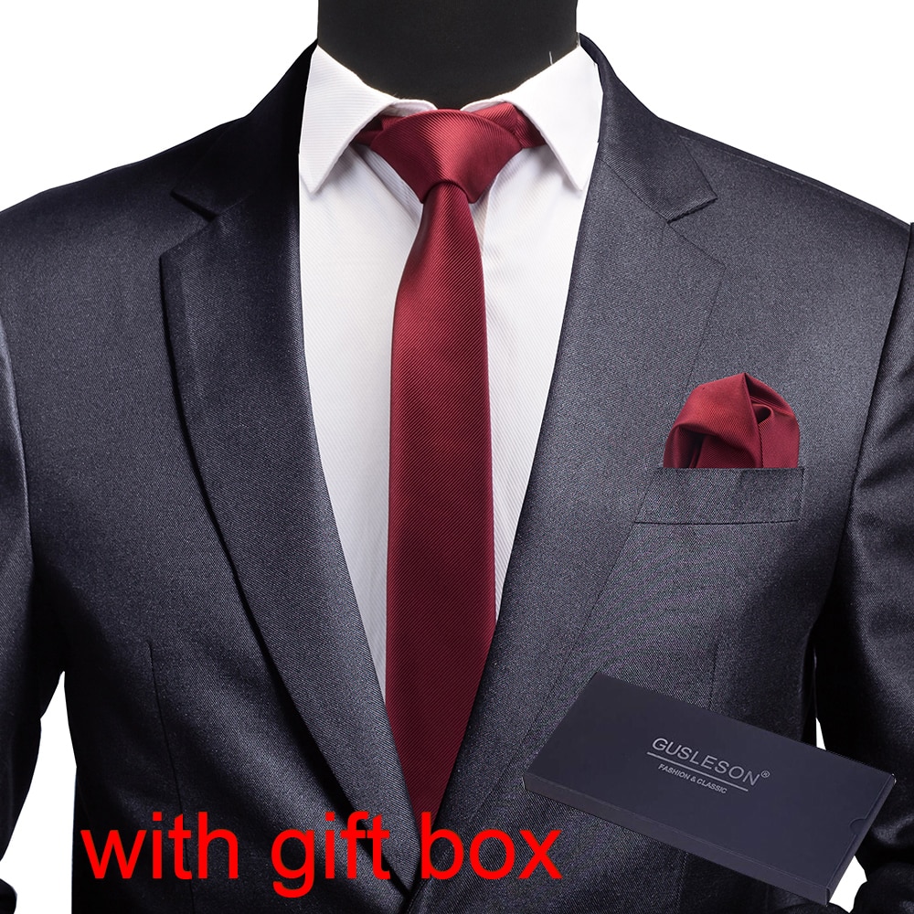 GUSLESON Slim Men Tie Pocket Square Set 6cm Skinny Necktie Red Yellow Green Ties With Box Suit Wedding Business