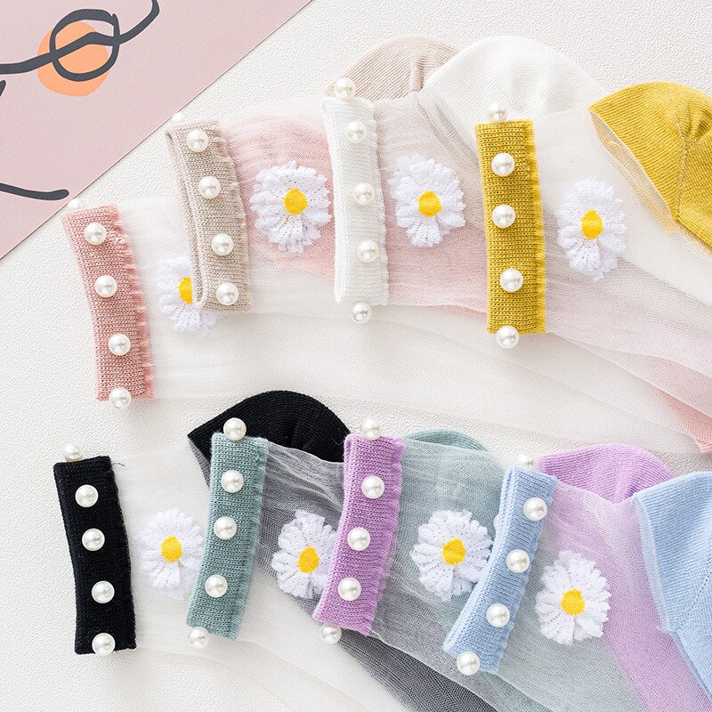Breathable Thin Socks Women Summer Transparent Lace Socks with Pearl Lady Glass Silk Cotton Mesh Daisy Socks Nylon Ankle Socks