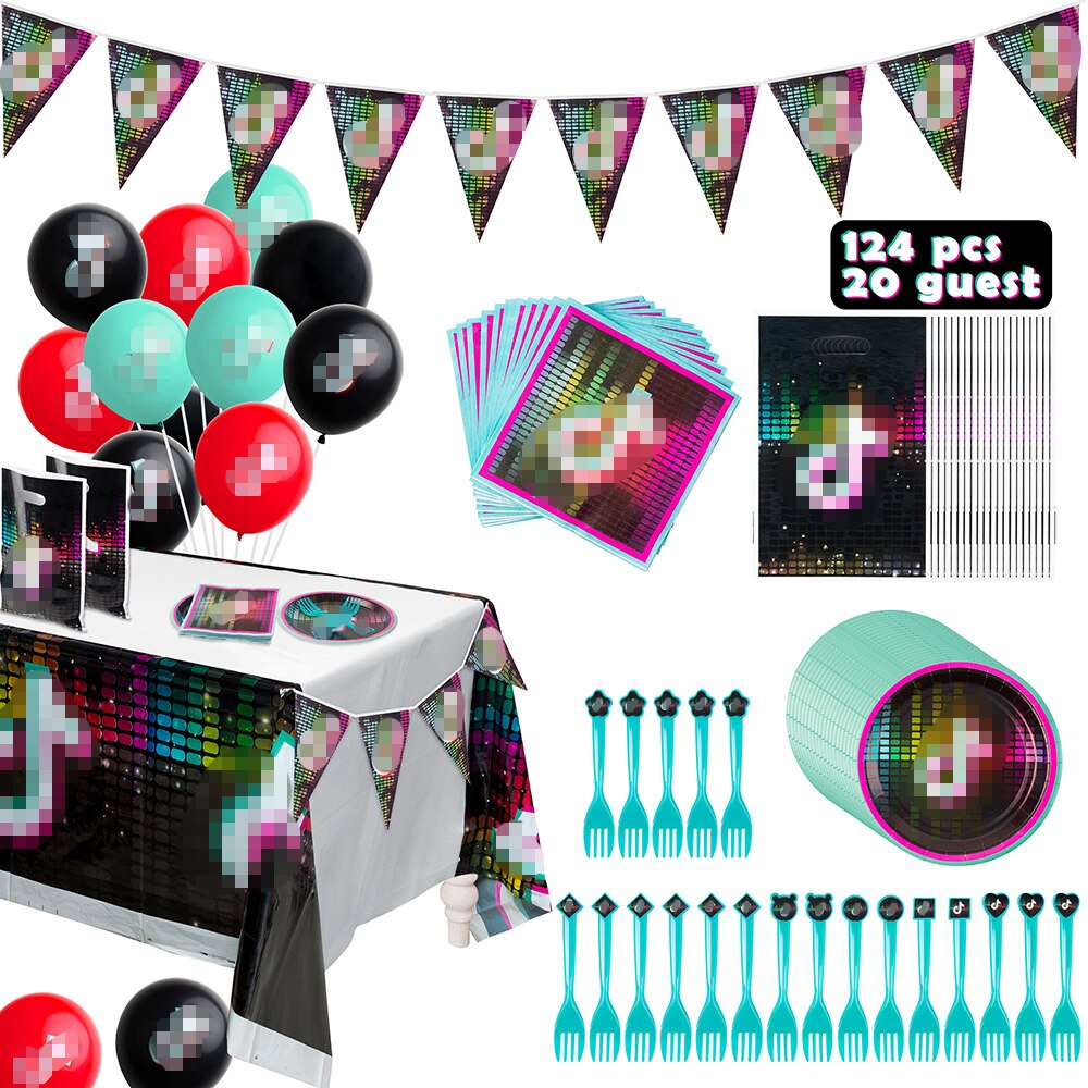 124Pcs Music Notes Theme Party Supplies Happy Birthday Party Fans Banner Balloons Treat Bag Table Cloth Plates Kit Short Video