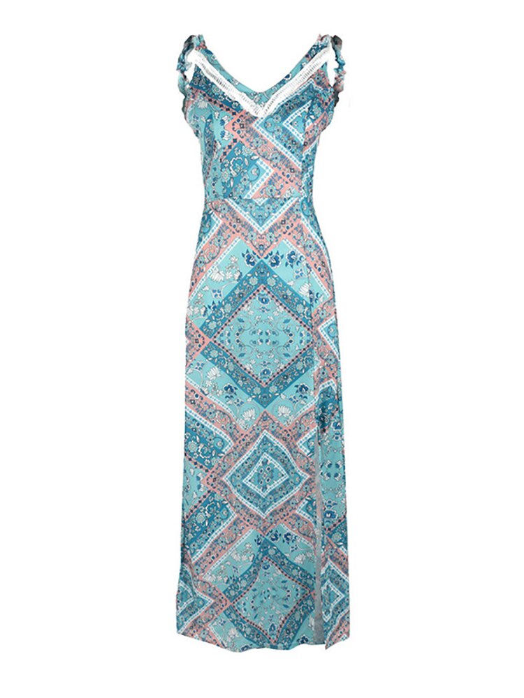 Fitshinling Bohemian Summer Sundress Women Backless Long Dress Beach Wear Print Sleeveless Split Maxi Dresses Pareos